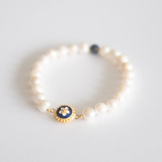 Bracelet "Caramujo bleu" en argent plaqué or et perles