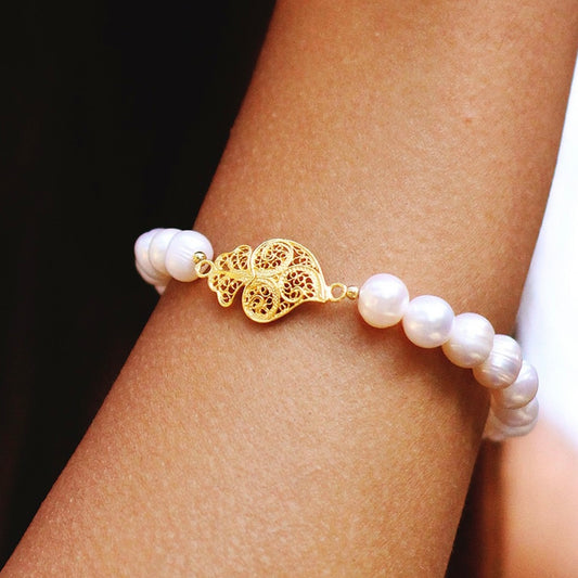 Bracelet "Coeur de Viana" en argent plaqué or et perles