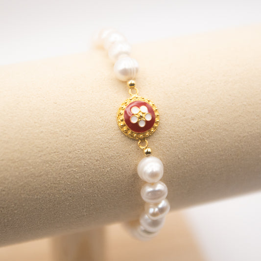 Bracelet "Caramujo rouge" en argent plaqué or et perles - Edition limitée