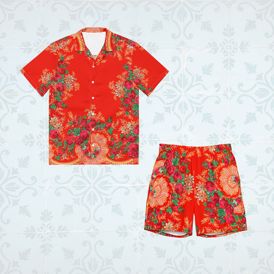 Ensemble chemise + short de bain « Foulard portugais Minhoto rouge »