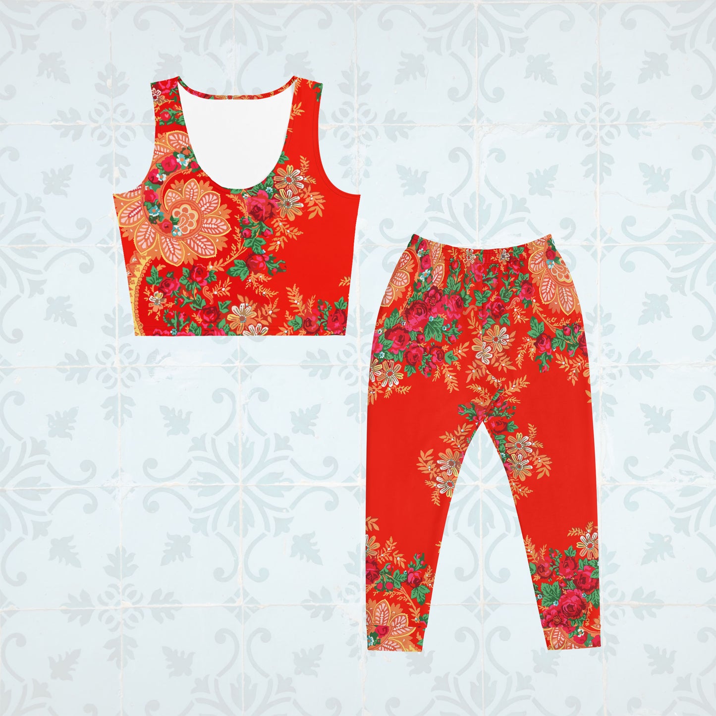 Ensemble crop-top + pantalon de jogging « Foulard portugais Minhoto rouge »