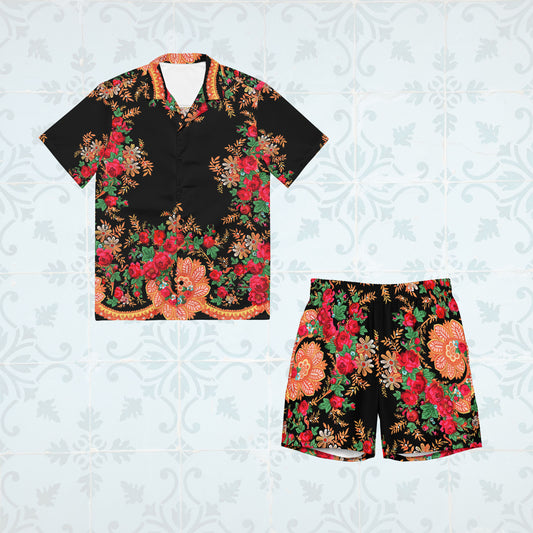 Ensemble chemise + short de bain « Foulard portugais Minhoto noir »