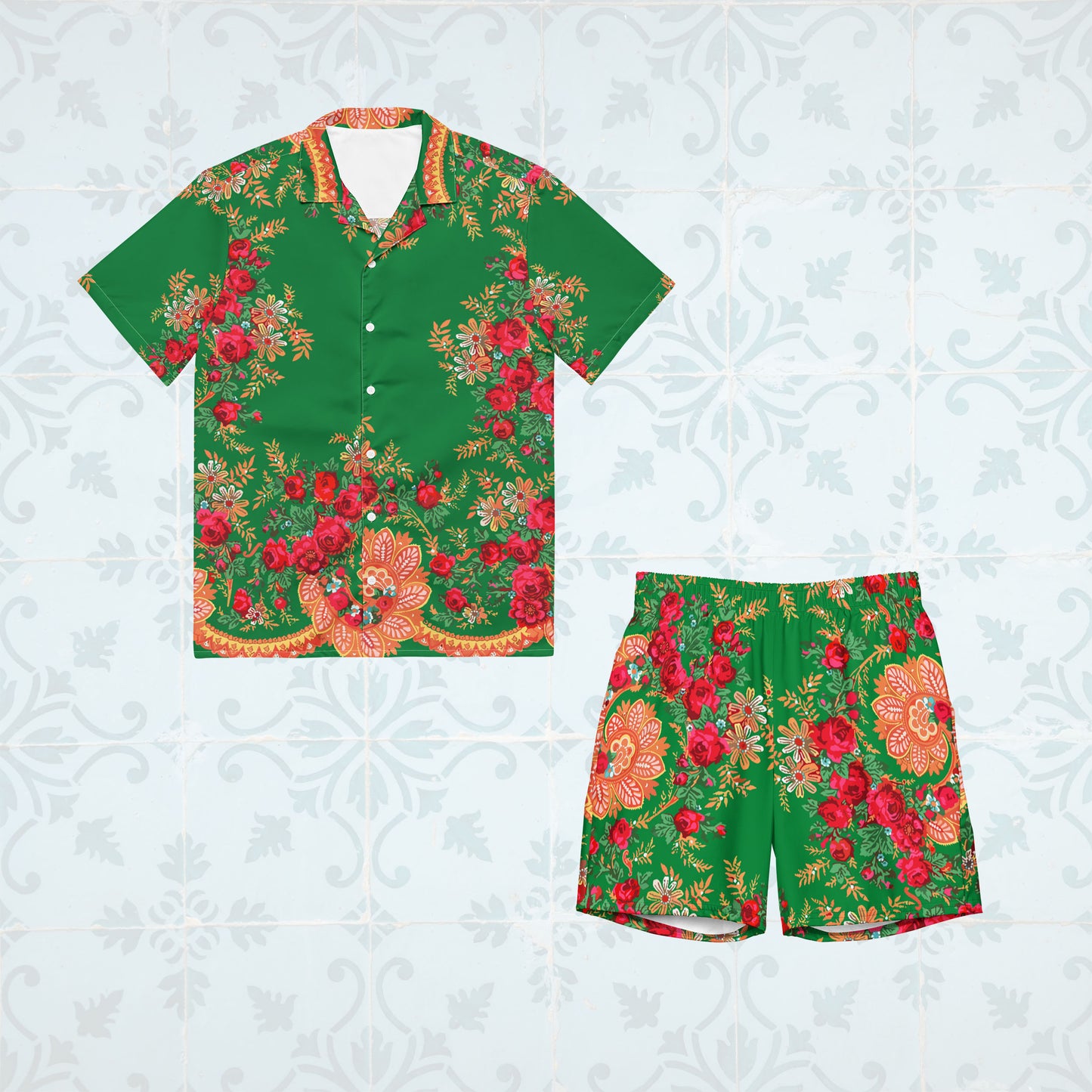 Conjunto camisa “lenço português verde do Minhoto” + calções de banho