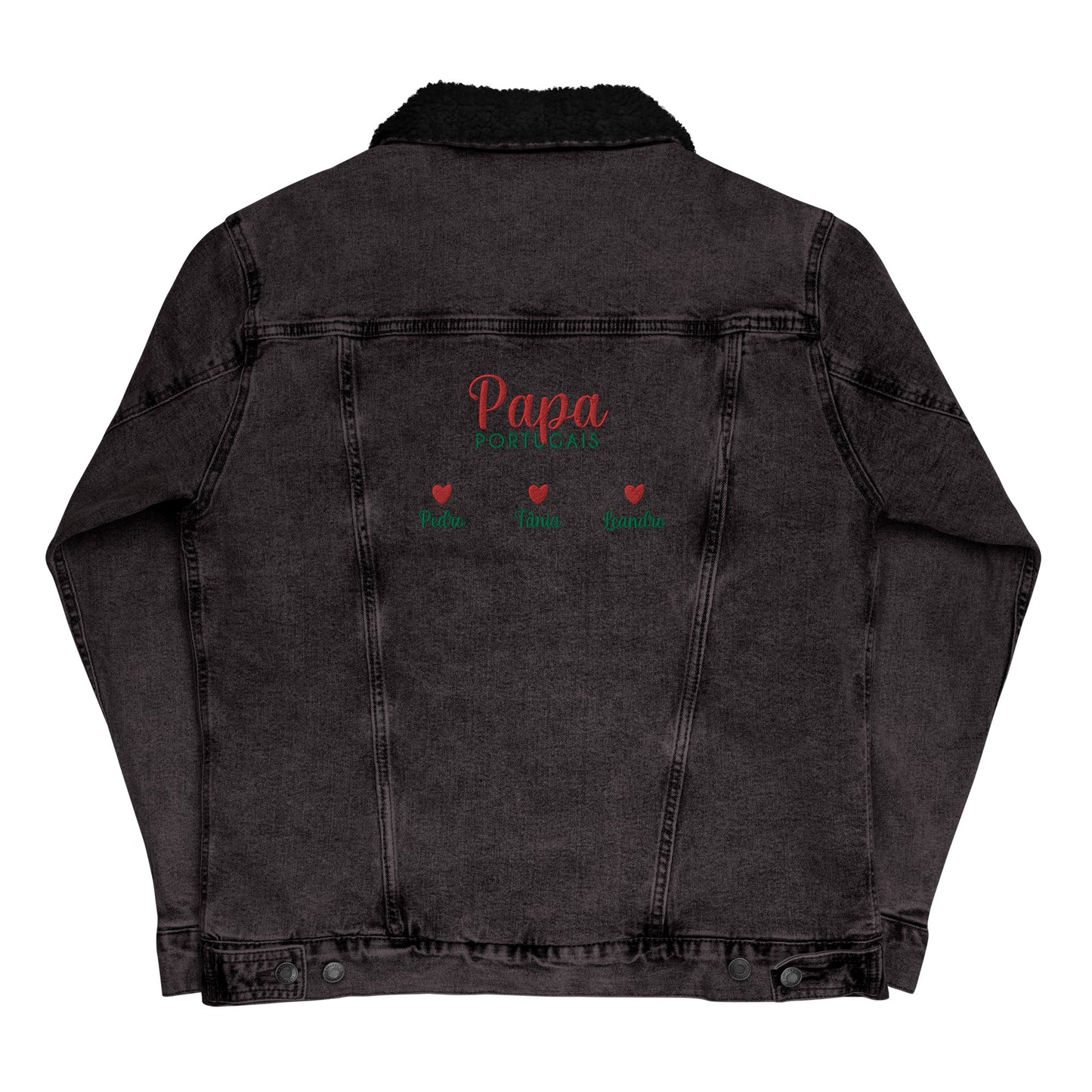 Veste en jean moumoute brodée « Papa portugais » personnalisable