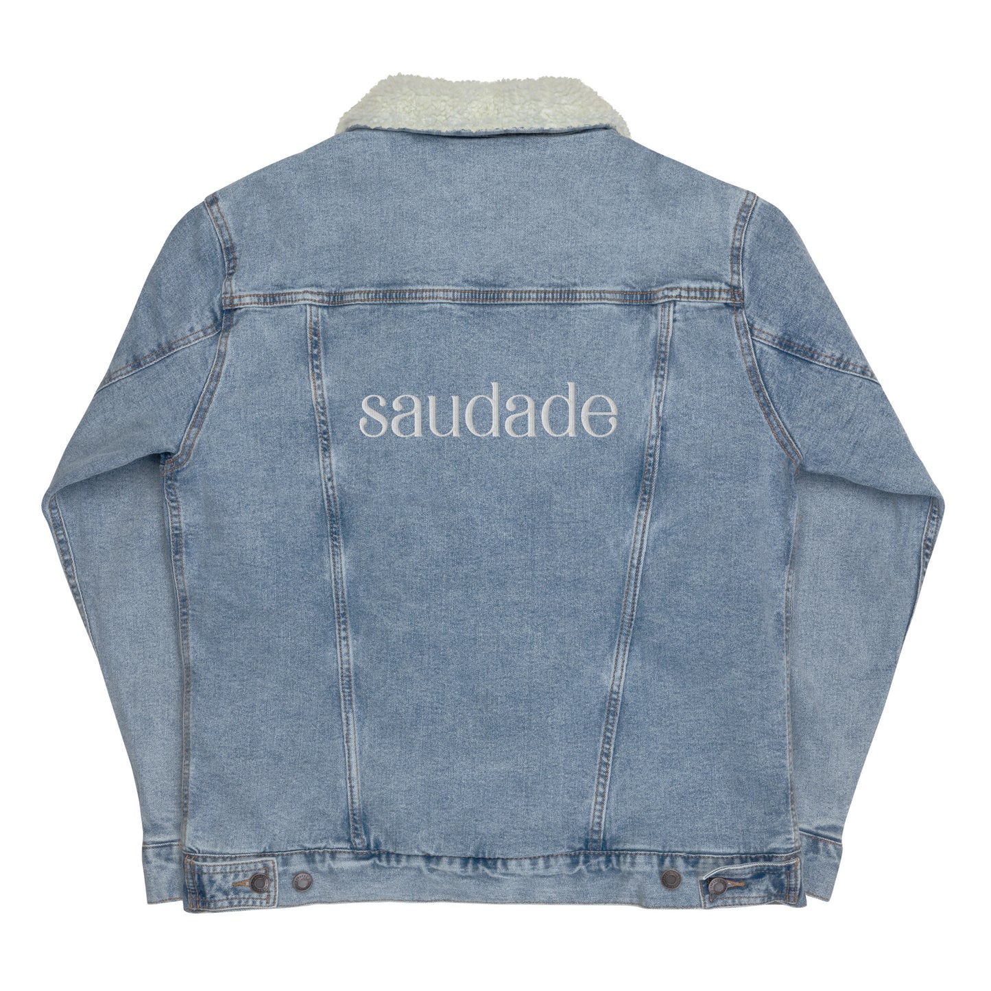 Jaqueta jeans moumoute bordada “Saudade”