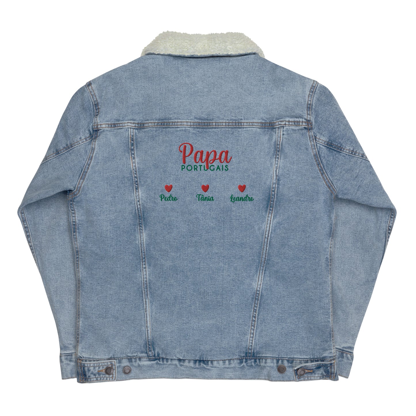 Veste en jean moumoute brodée « Papa portugais » personnalisable